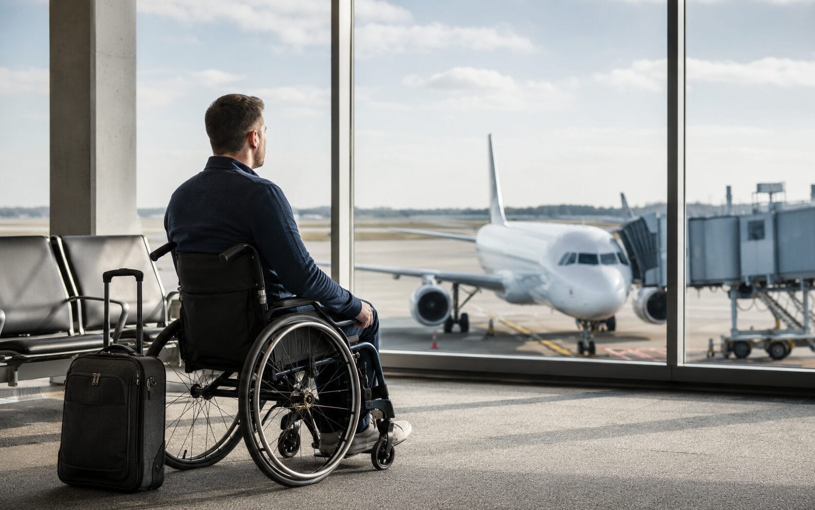 Traveler taking a wheelchair on a plane