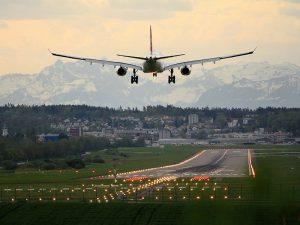 An airplane landing in an airport