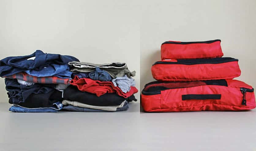 Packing Cubes: What Size and How Many Should You Get? 2 clothes stacked without packing cubes and with packing cubes